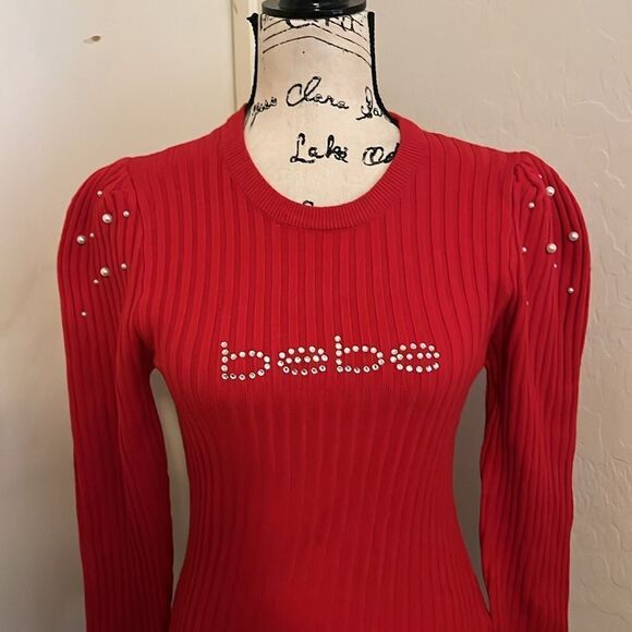 Bebe Red Rhinestone Bling Embellished Faux Pearl Detailed Ribbed Long Sleeve Top - Picture 5 of 11